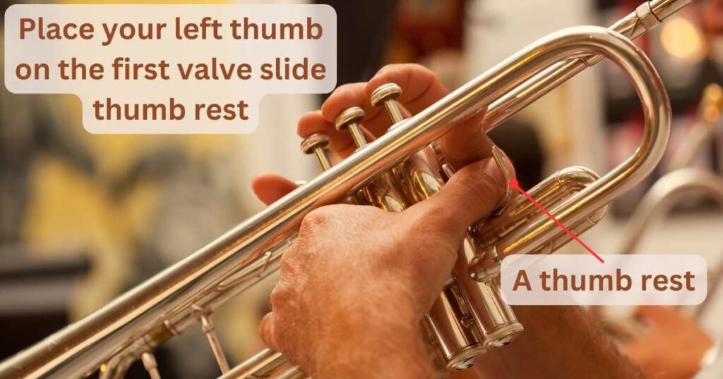 Place your left thumb
on the first valve slide thumb rest